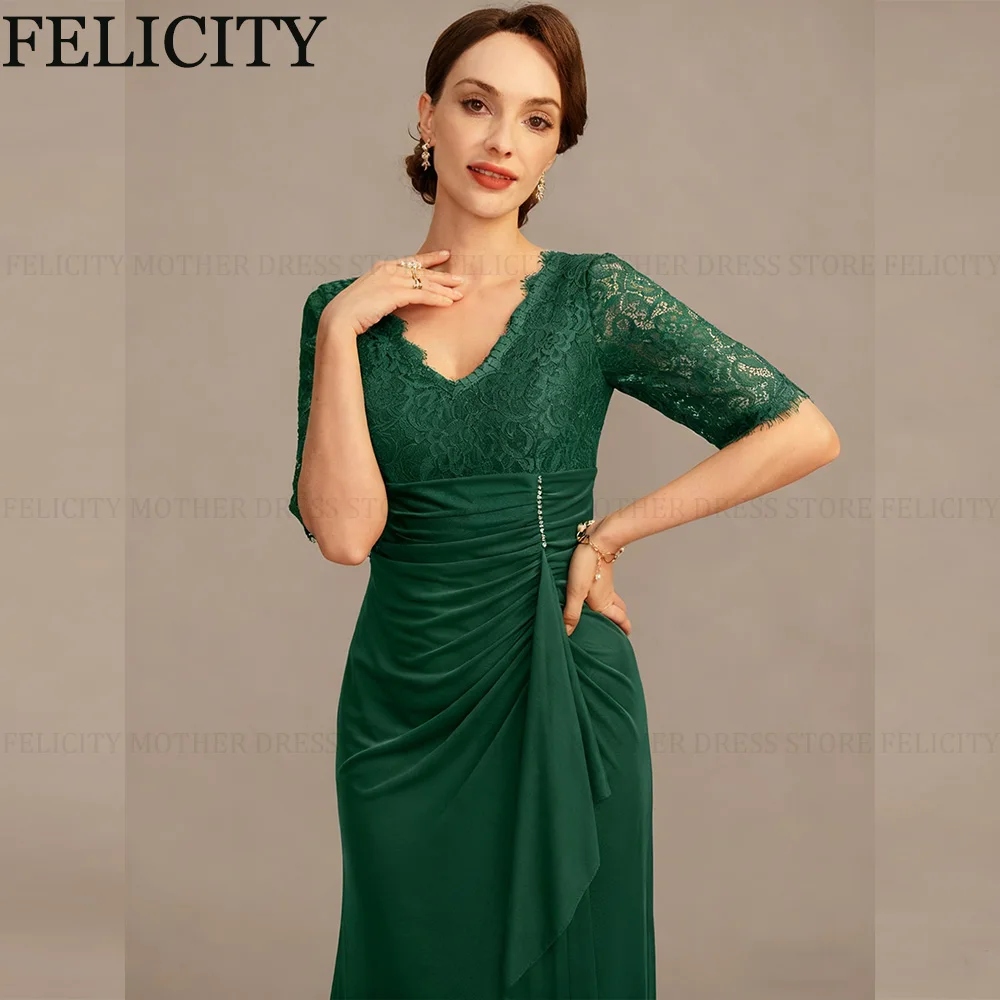 FELICITY Customized Green Mother of the Bride Dress Mermaid V-neck Wedding Guest Dress Lace Pleated Side Slit Long Evening Gowns