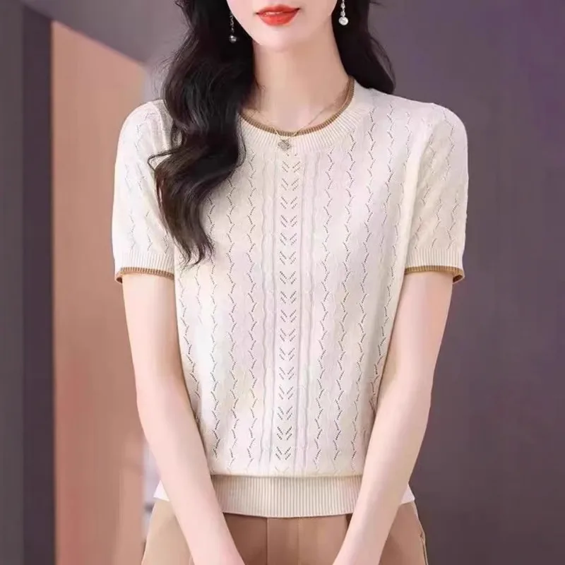 

Women's Hollow Out Knit Top Summer Short Sleeve Loose Striped Ice Silk T-Shirt