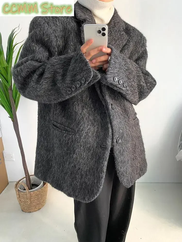 Loose Fit Gray Big Size Casual Elegant Woolen Coat Parkas New Long Sleeve Women Fashion Tide Autumn Winter