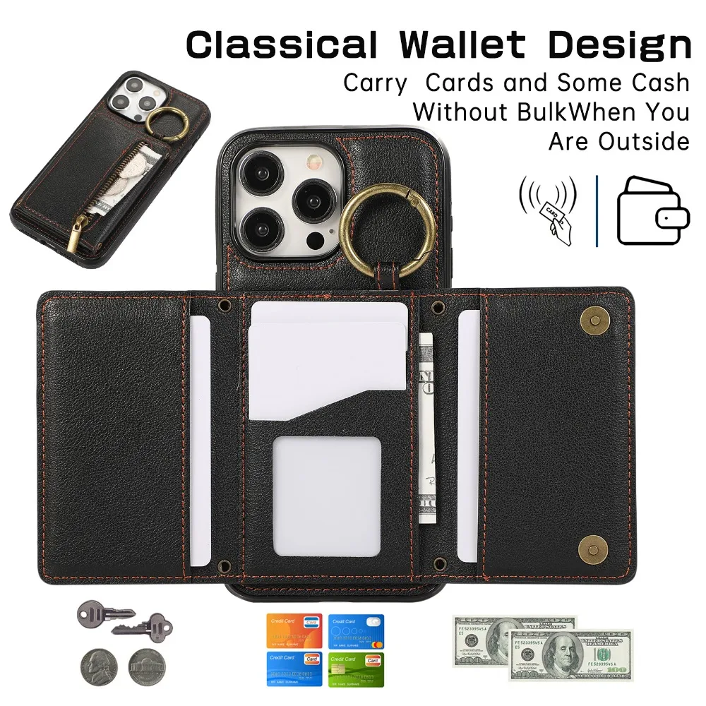 Crossbody Zipper Wallet Ring Phone Case for IPhone 16 15 Pro Max 14 Plus 11 13 12 Mini XS XR 7 8 Leather with Card Holder Cover