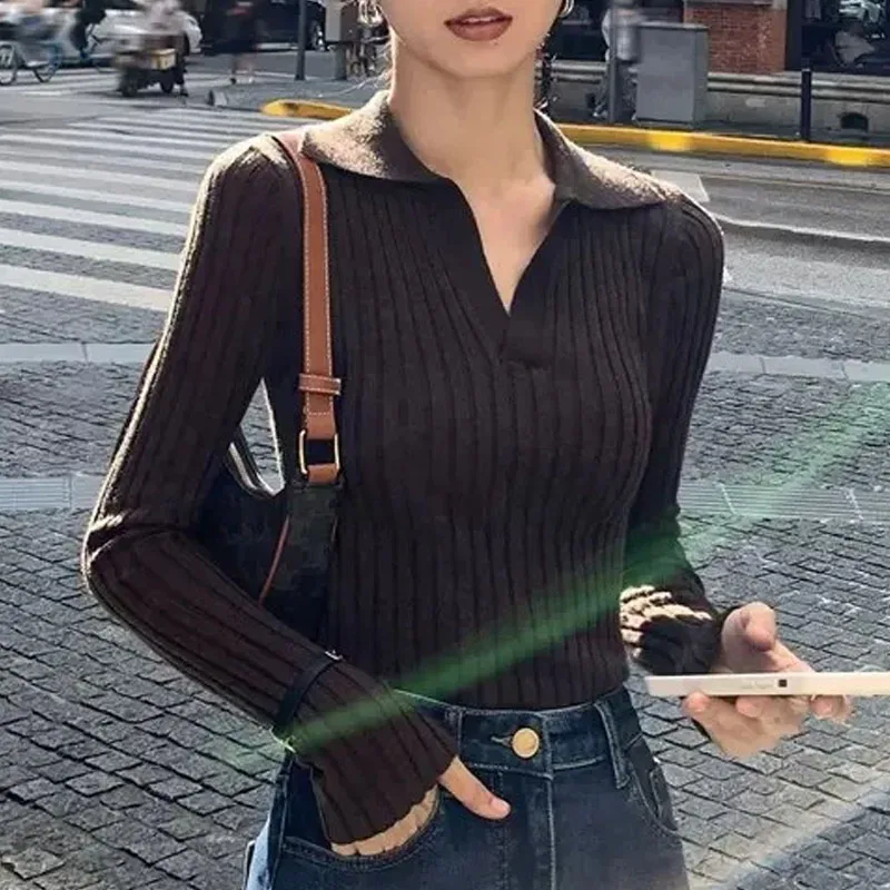 

Sweaters Long Sleeve Knitted Sweater Women Pullovers Fashion Turn Down Collar Knit Sweater Pullover Women Tops Knitwears Q754