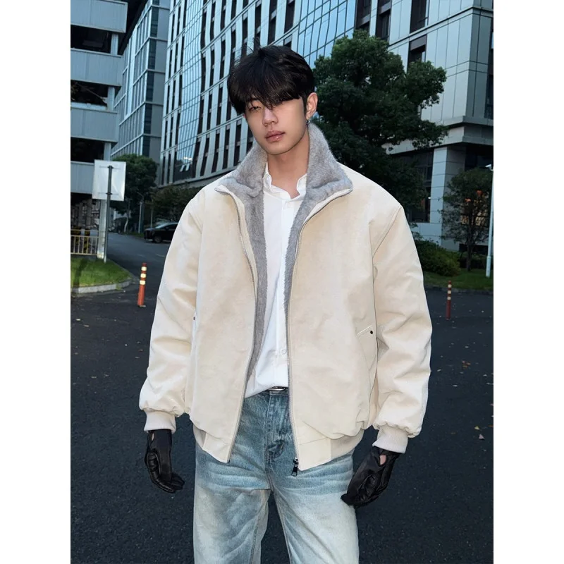 

Thiened Cotton Jaet Men's Winter American Sle Pilot Coat Double Color Mink Fur Hooded PU Leather Cotton Clothes
