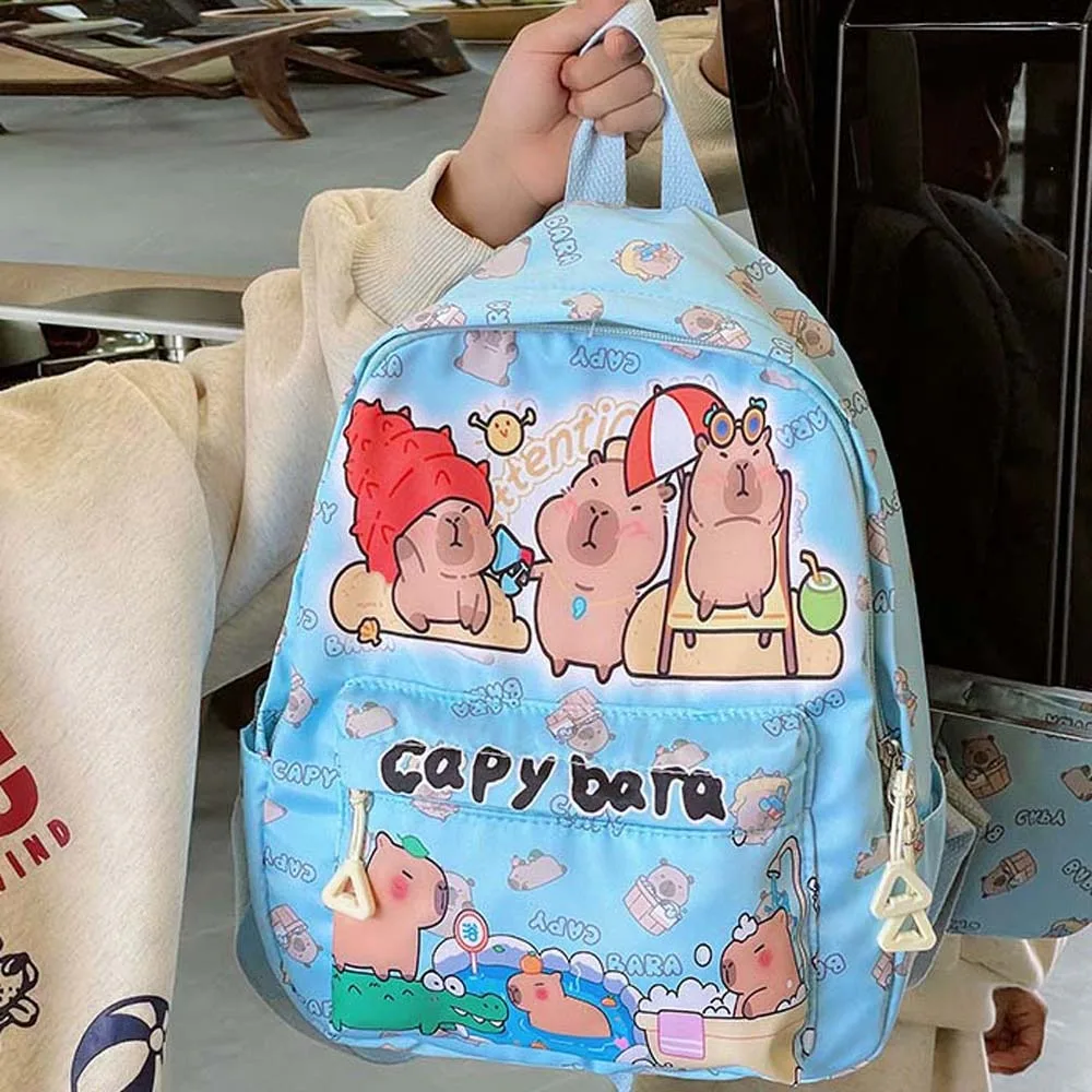 Mochila de capibara gruesa con correas anchas, mochila de nailon con dibujos de animales, mochila escolar plegable multifuncional de gran capacidad para niños