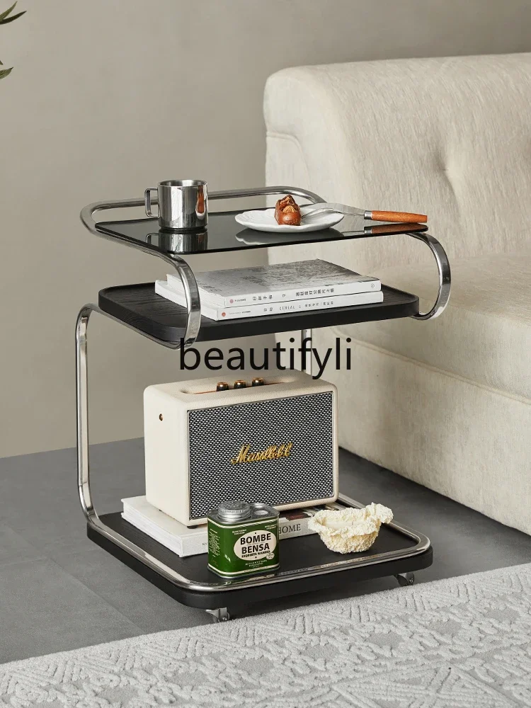 

A139 Side few movable square glass trolley with wheels living room bedside sofa corner few
