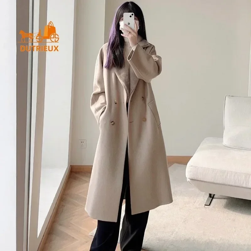 2024 New Mink Fur Collar Women\'s Cashmere Coat, Double-sided 100% Cashmere Wool Long Coat Jacket Winter Warm Coat Real Fur Women