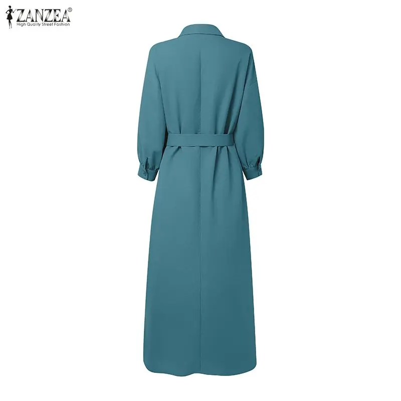 Mulheres maxi vestidos zanzea moda camisa longa vestido elegante festa vestido de verão 2026 primavera casual botões sólidos com cinto solto robe