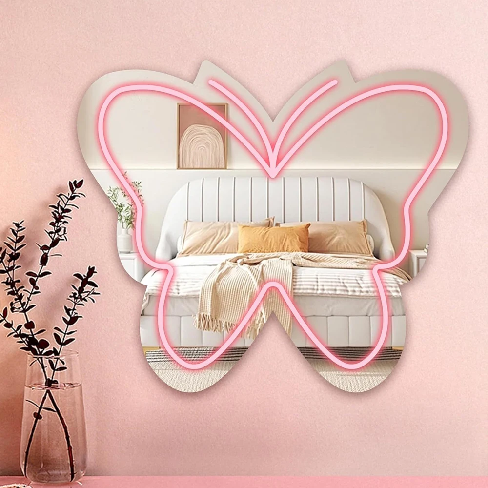 Butterfly-Shaped Neon Sign Make Up Mirror Wall Hanging Light USB Powered Girls Dressing Table Decor For Bedroom Beauty Room