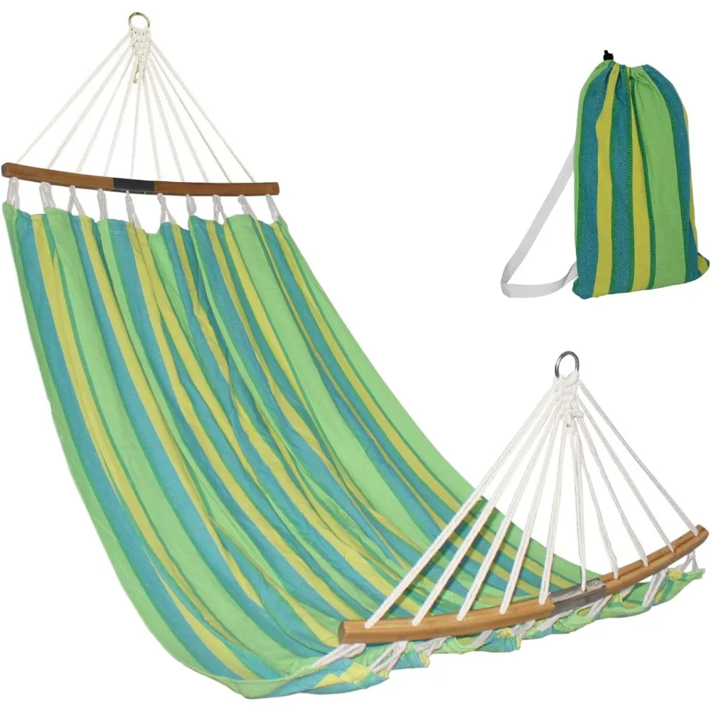 

Double Hammock 2 Person Cotton Fabric Hammock with Curved Bamboo Spreader Bars and Carrying Bag