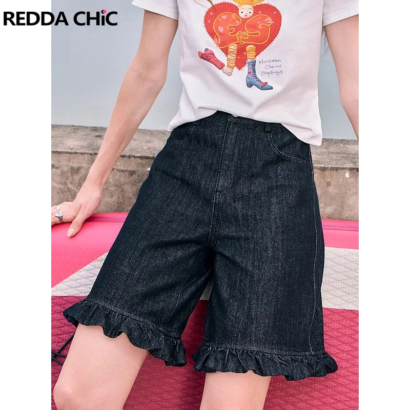 REDDACHiC Ruffle Hem Women Knee Long Denim Shorts High Waist Straight Frilly Solid Casual Wide Baggy Jeans Jorts Summer Clothes