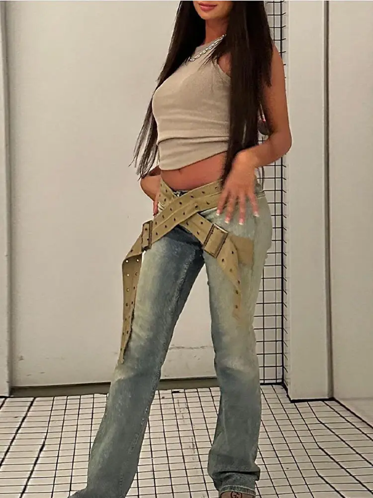 

Distressed Women's High Waist Denim Jeans Pant With Front Belt Decorate Spring New High Street Style Chic Casual Female Trousers