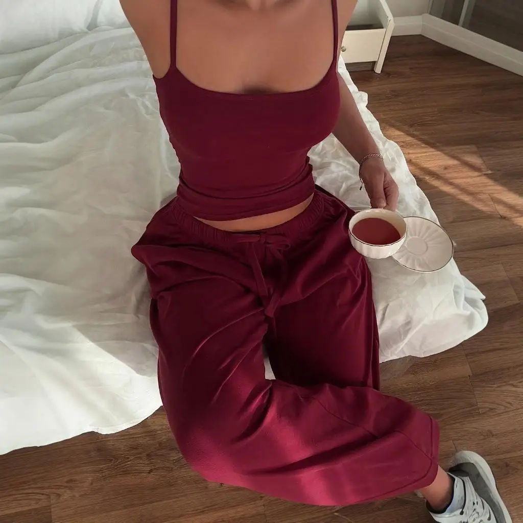 

Women's Backless Camisole Elastic Drawstring Waist Long Pants Fashion Set Pure Color Summer Outfit Teen Girls European Style