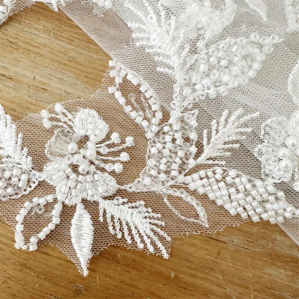 1/3/5 Yard beaded lace sewing embroidery lace trim beaded ivory flower lace Wedding Veil sewing applique