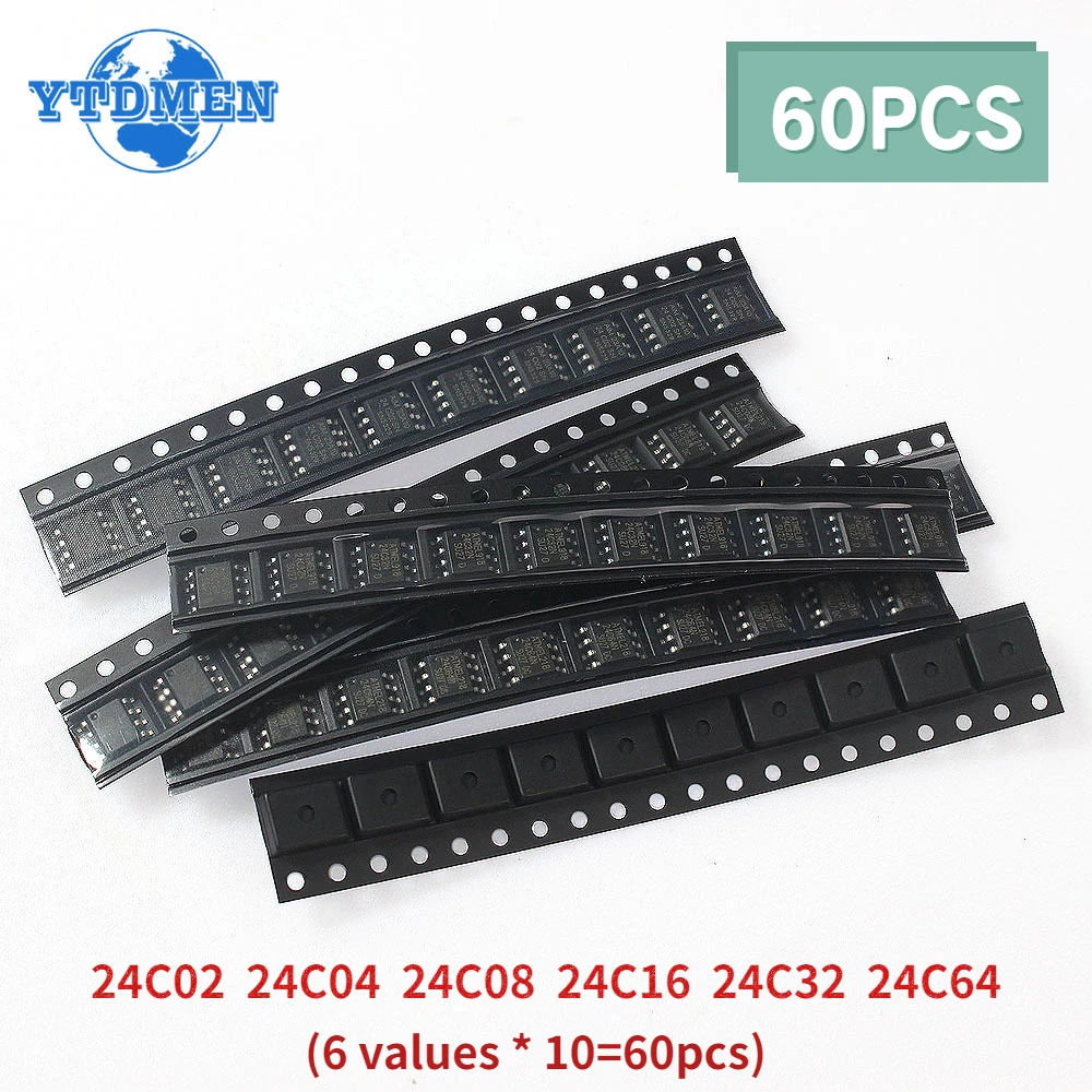 60PCS Memory IC Chip KIT 24C02 24C04 24C08 24C16 24C32 24C64 6 Values SOP-8 Electronic Components