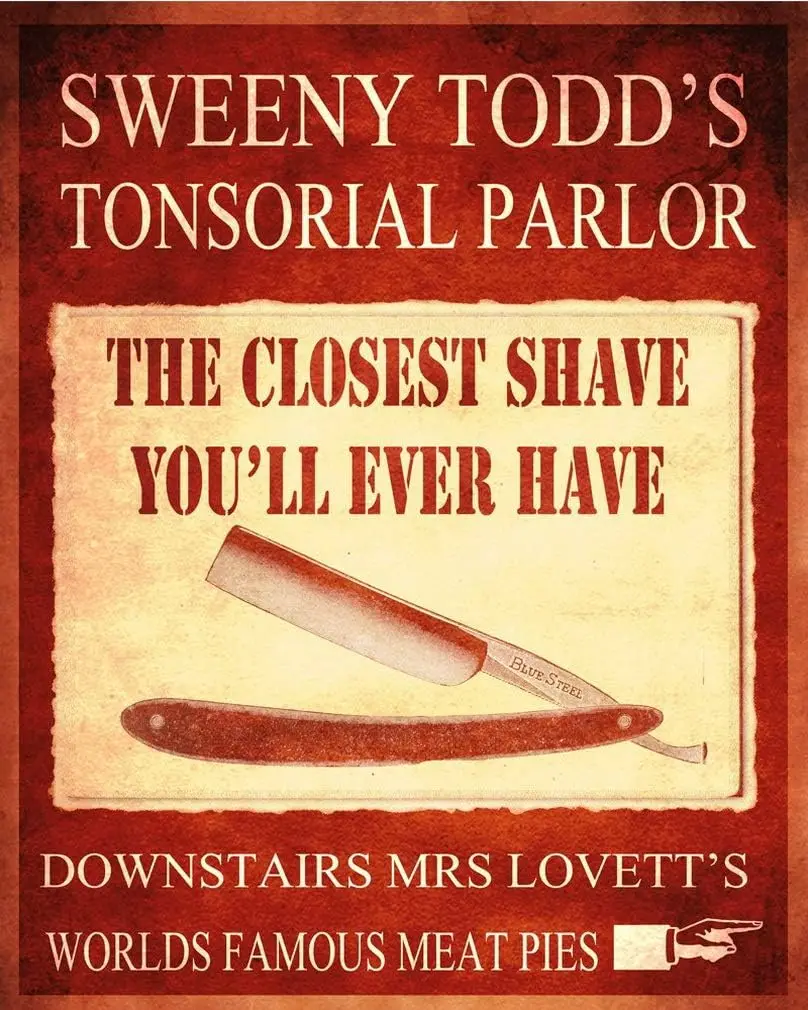 Sweeny Todd'S Tonsorial Parlor Clostes Shave You'Ll Ever Have Metal Wall Sign 8X12 Inches Plaque Vintage Retro Metal Sig