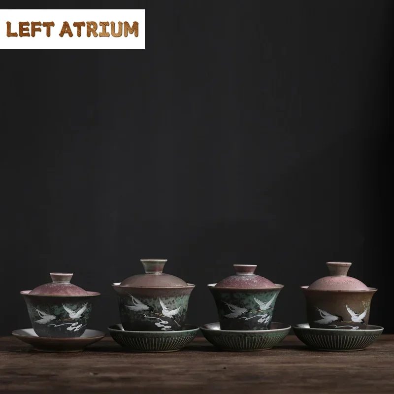 Sancai Tureen cerámica Kung Fu té grúa creativa hogar reina taza tazón De té Sopera De Ceramica Gaiwan juego De té De cerámica gruesa