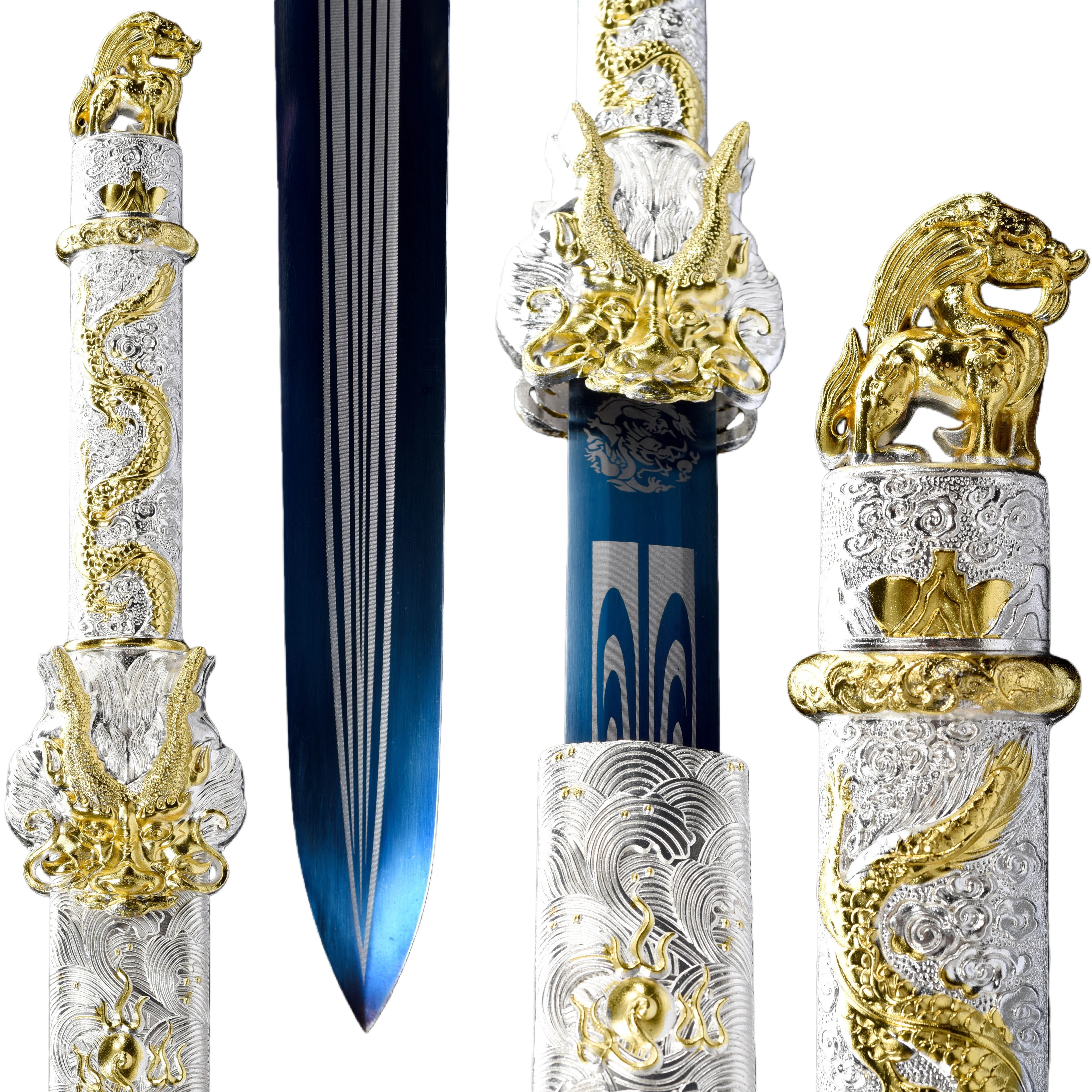 Chinese royal gold and silver dragon katana samurai sword is collected by a medieval martial arts enthusiast, Full Tang.  sharp