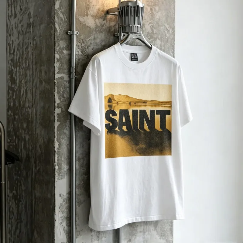 Summer White Breathable Cotton Saint Tshirts Letter Inverted Shadow Landscape Printed White Round Neck Short Sleeve Men Women