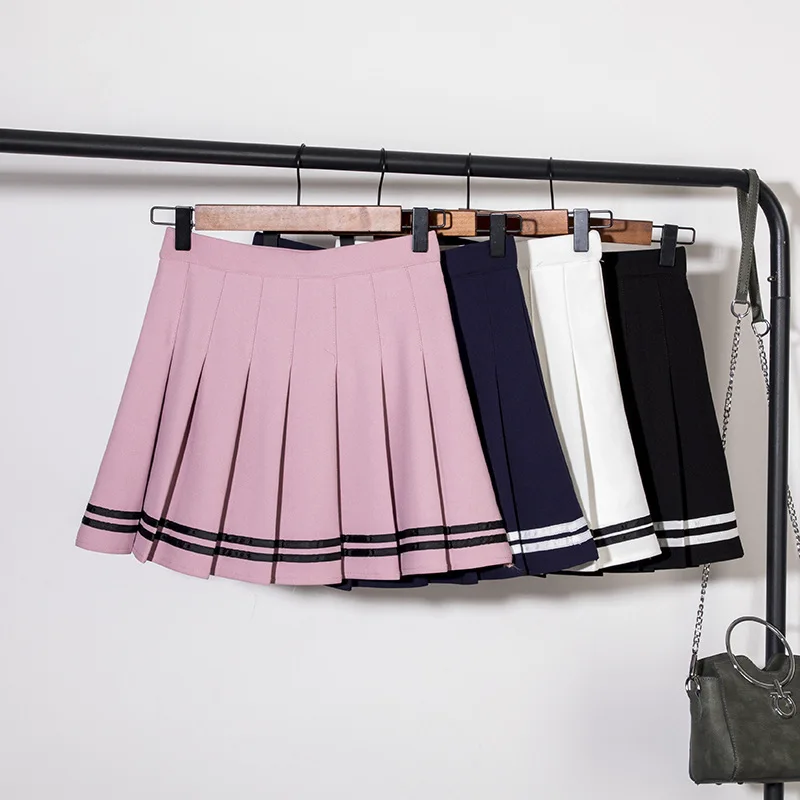 

Women's Fashion High Waist Striped Skirt Pleated Wind Skirt Ulzzang Cosplay Kawaii Harajuku Female Mini Short Skirt