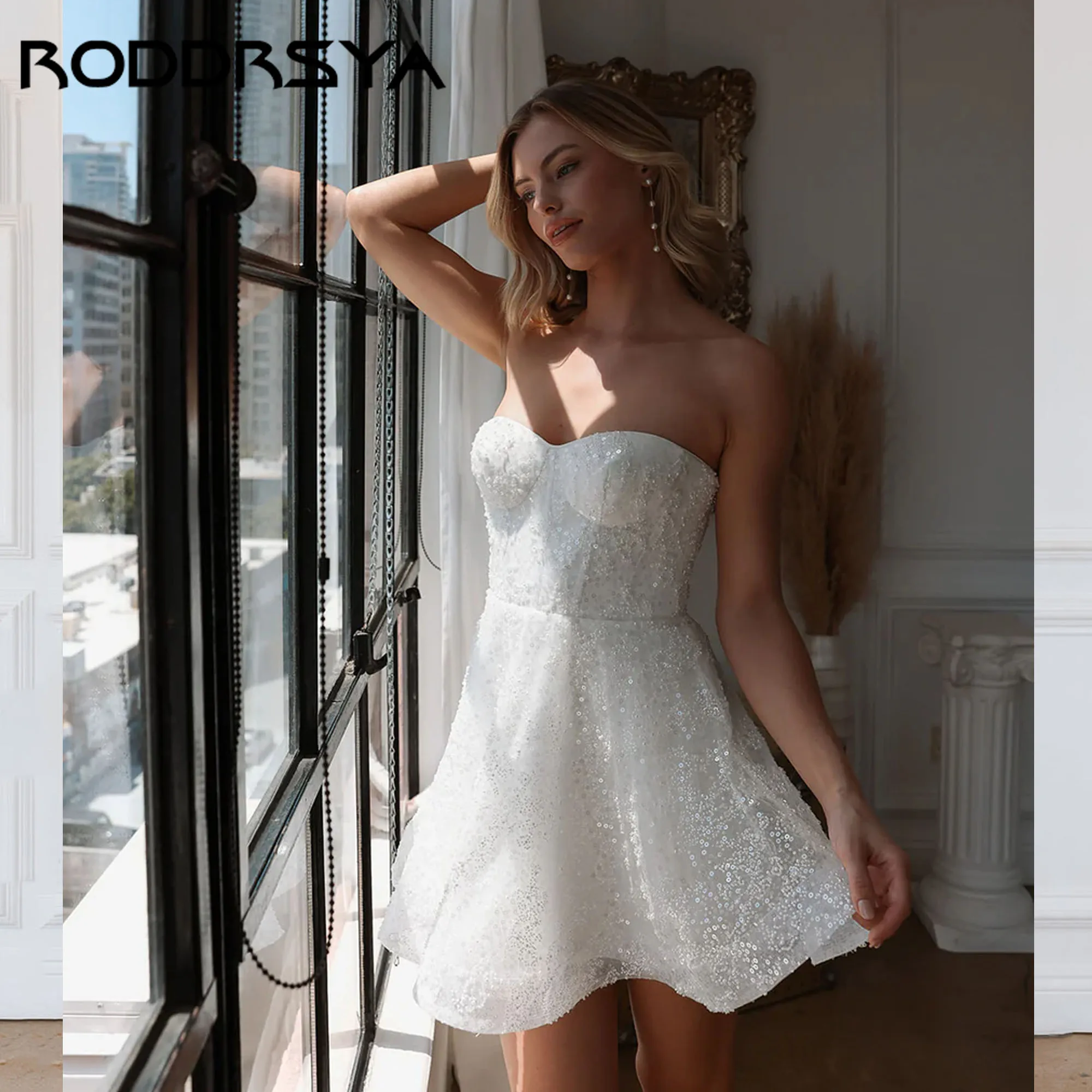

RODDRSYA Beaded Strapless Mini Party Dress A-line Sleeveless Sexy Wedding Prom Gowns Backless Tulle vestidos de novia Customized