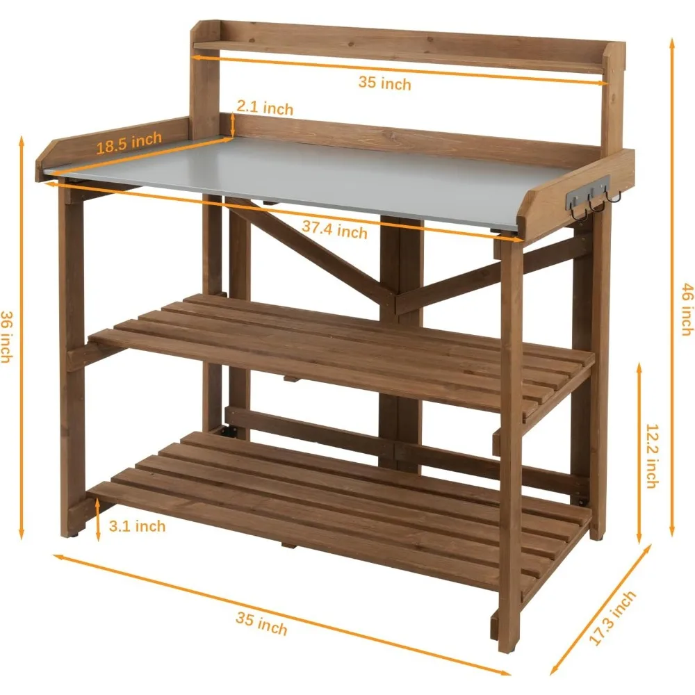 طاولة مقعد خشبية خارجية مع محطة عمل معدنية مجلفنة لزراعة الحديقة