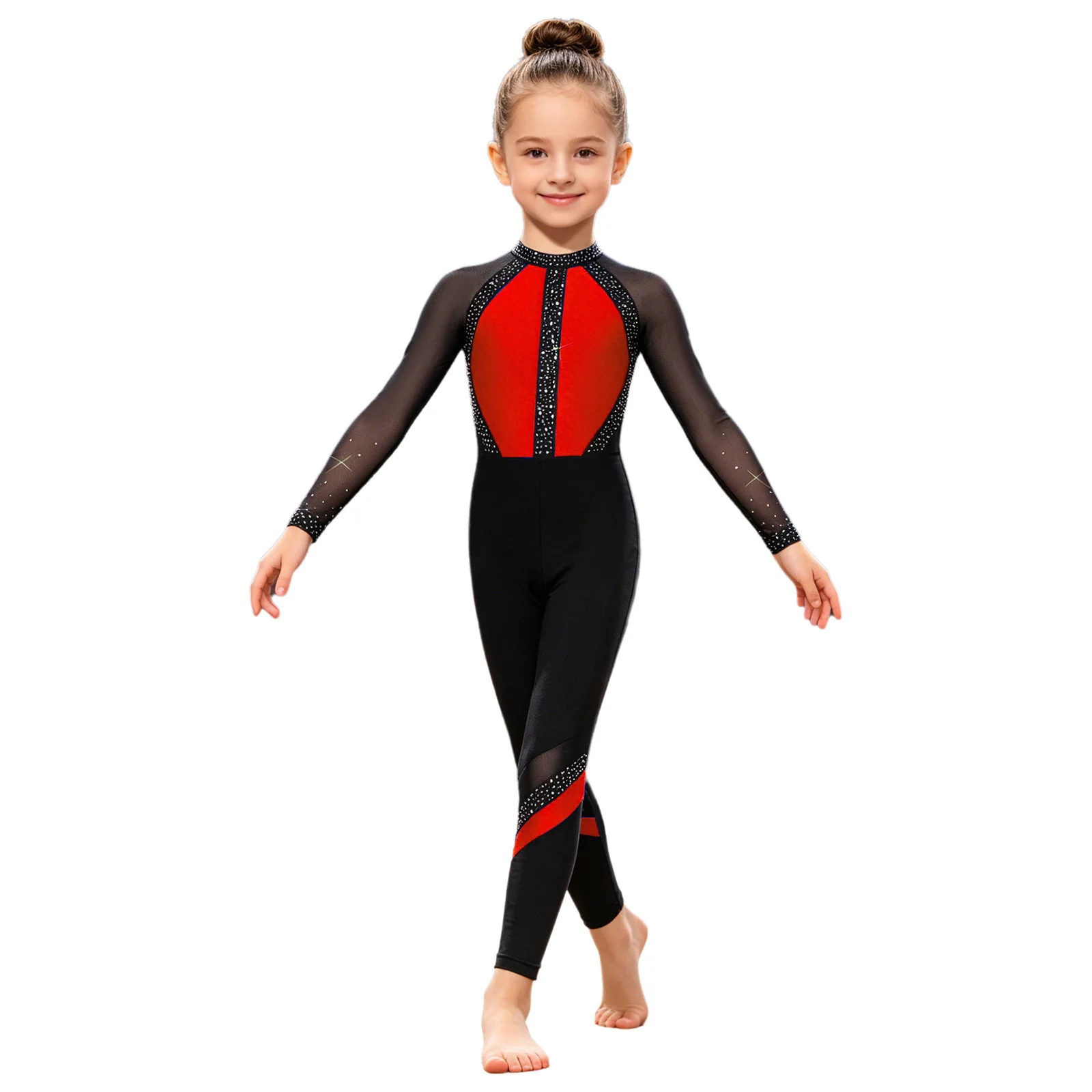 Acrobatics Costume Girls Color Block Long Sleeve Bodysuit Gymnastics JumpsuitKid Full Body Leotard Teens Skating Dance Unitard