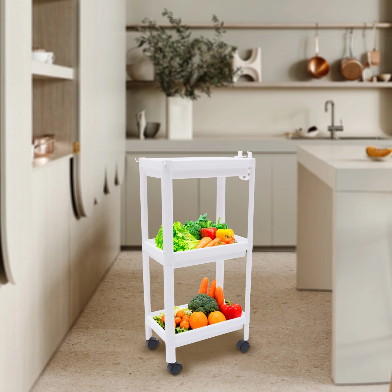 3-Tier Storage organizer with Wheels Storage Rack White for home appliance Free Standing Shelf