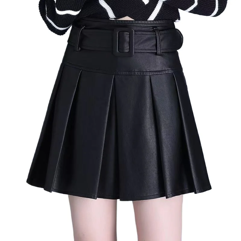 Leather Short Skirt  Women's  Spring and Autumn New High-waisted A-shaped Skirt Small Pu Belly-covering and Thin Pleated Skirt