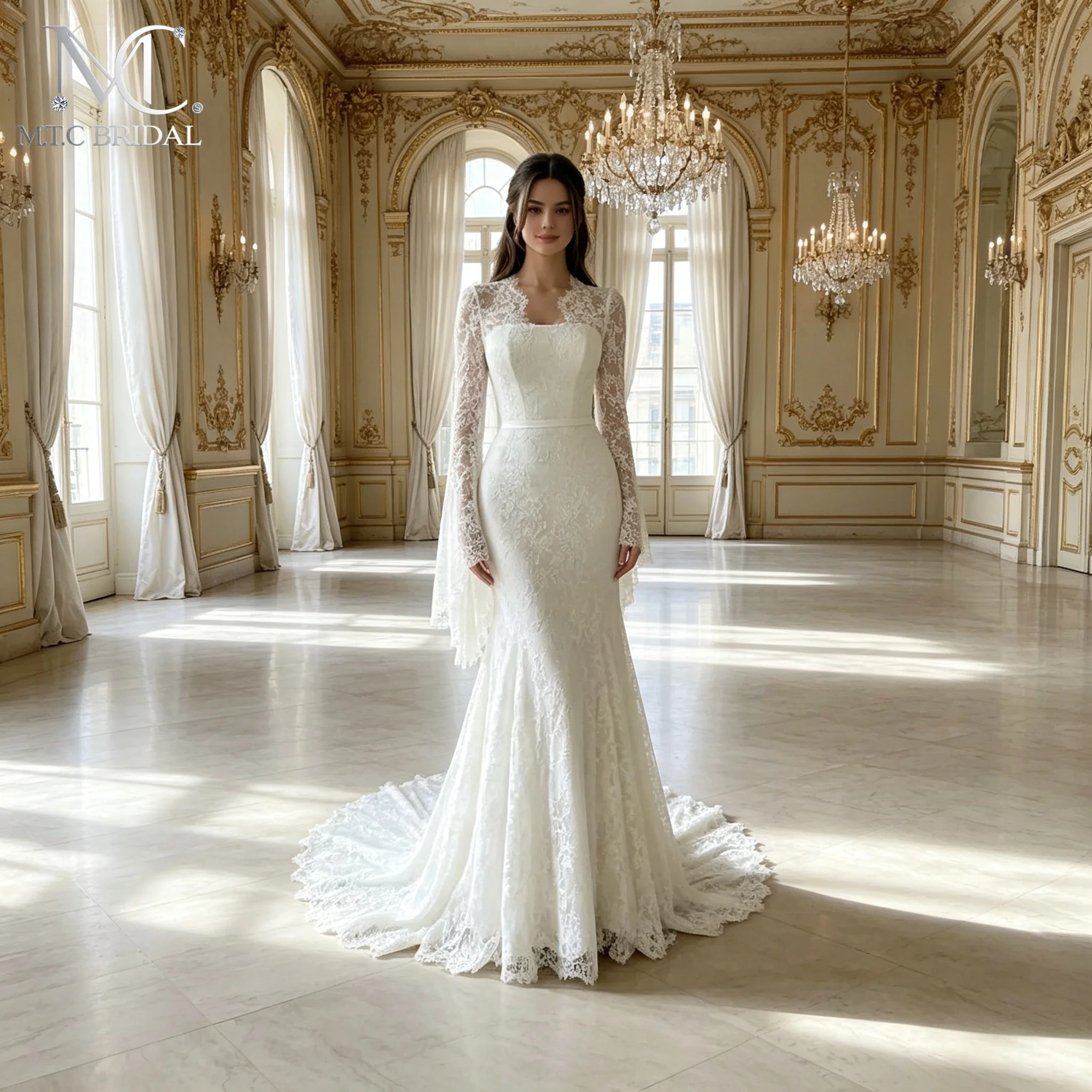 Vintage Puffy Long Sleeves Lace Wedding Dress Corset Back Court Train Mermaid Bridal Gowns For Wedding Robe De Mariee Plus Size