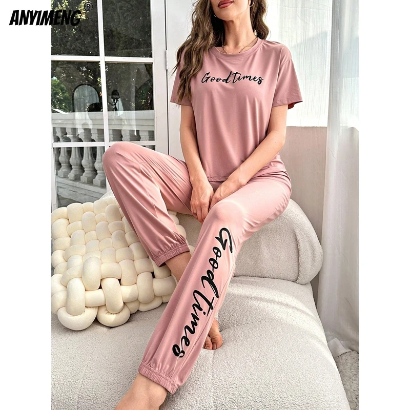 Spring Autumn Women Pajamas Letter Print Pjs Short Sleeve Long Pants Homewear Sport Style Pijamas Women Pajama Sets