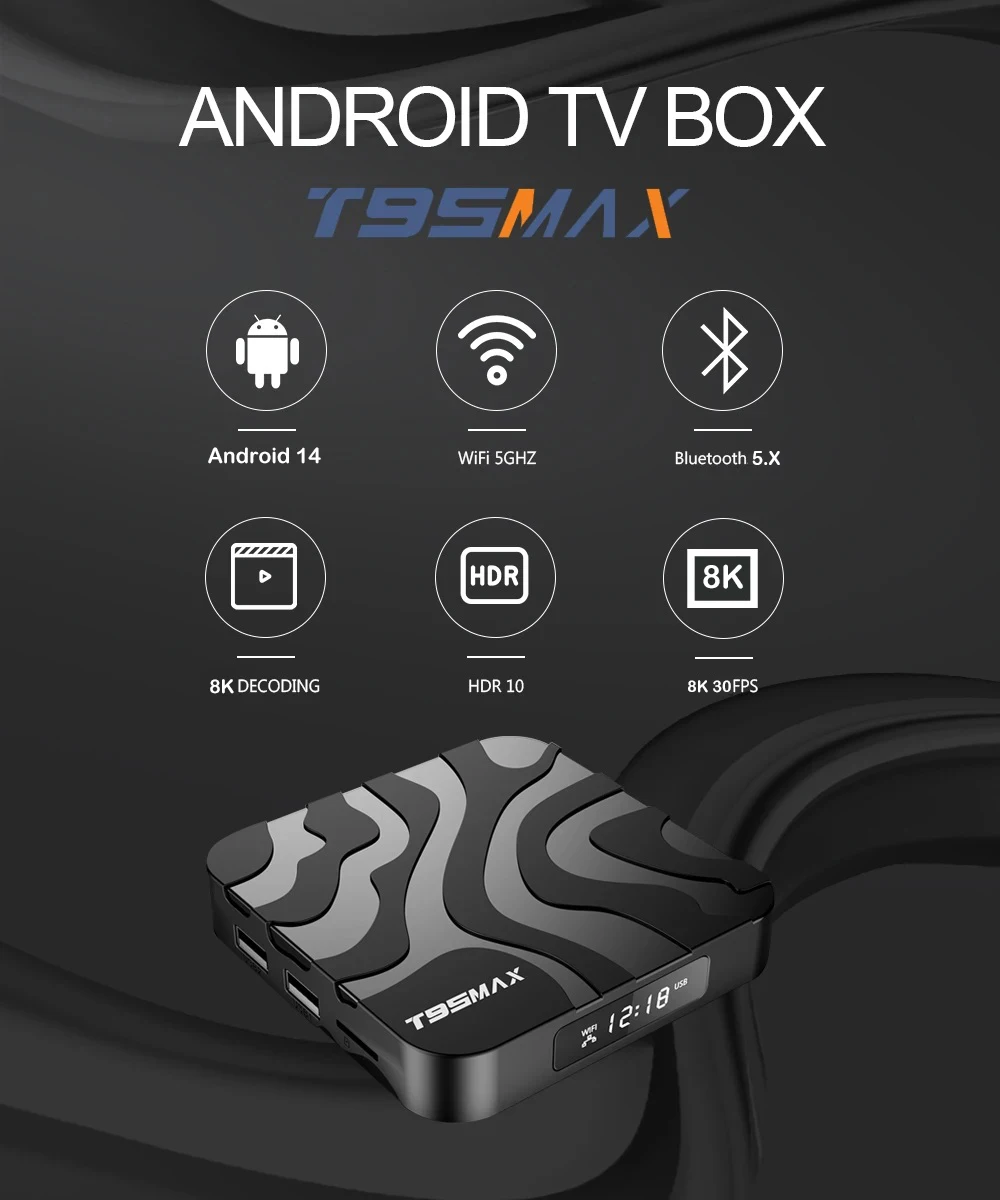 T95MAX Smart TV Box Android14.0 Allwinner H618 Dual Wifi 2.4G/5G 8K BT 64GB 128GB HDR10 Media Player Set Top Box Google Netflix