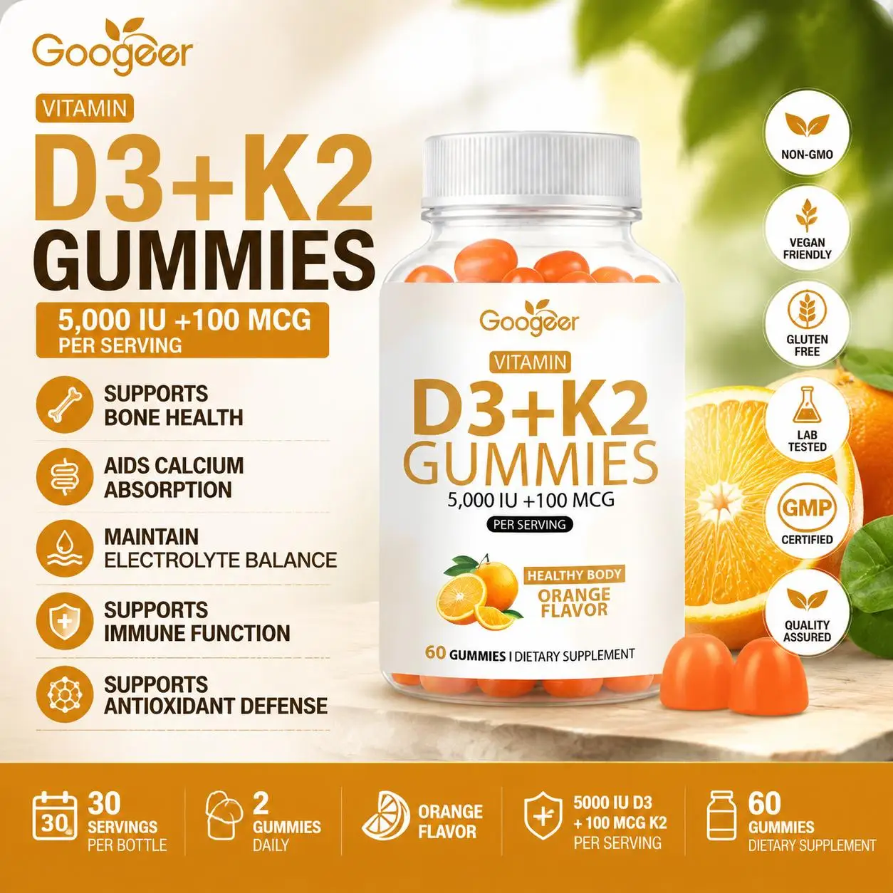 Gomitas de Vitamina D3 + K2 Googeer para Adultos, K2 MK-7, Apoyo para la Salud Ósea y la Absorción de Calcio, Sabor Naranja, 60 Gomitas