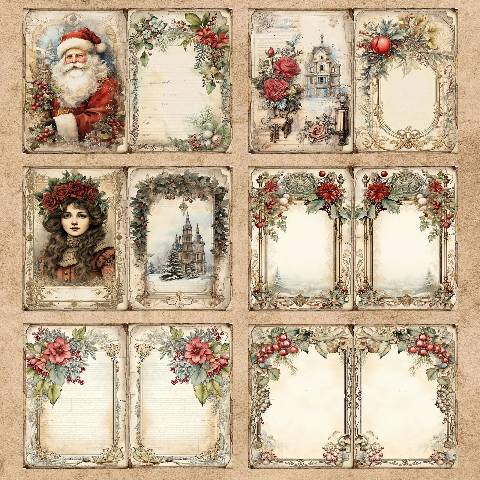 16 Sheets A5 Size Retro Victorian Santa Christmas Tree Holly Berry Girl House Vintage Grunge Journal Planning Scrapbooking