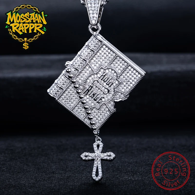 

MossanRappr 1.78cttw Moissanite Bible Cross Pendant Iced Out Hip Hop Necklace 925 Sterling Silver Fashion Punk Accessory for Men