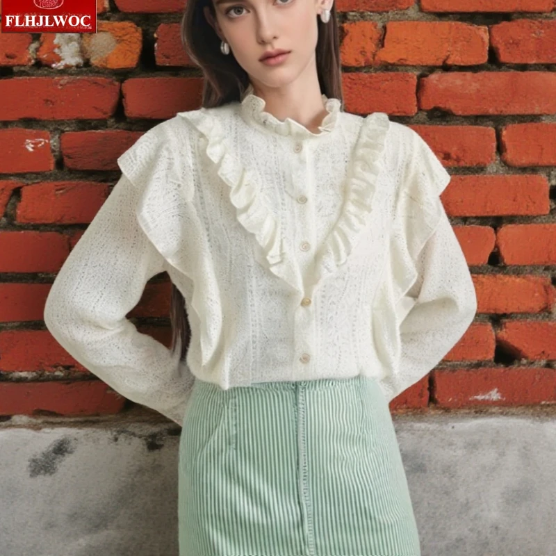 

Кружевные топы с оборками, женские новогодние корейские стильные французские модные дизайны, элегантные офисные женские милые полые кружевные базовые рубашки, блузки