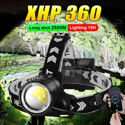 고출력 LED 헤드라이트 XHP360 경고등이 있는 가장 강력한 장거리 헤드 손전등 낚시 랜턴 야외 헤드램프