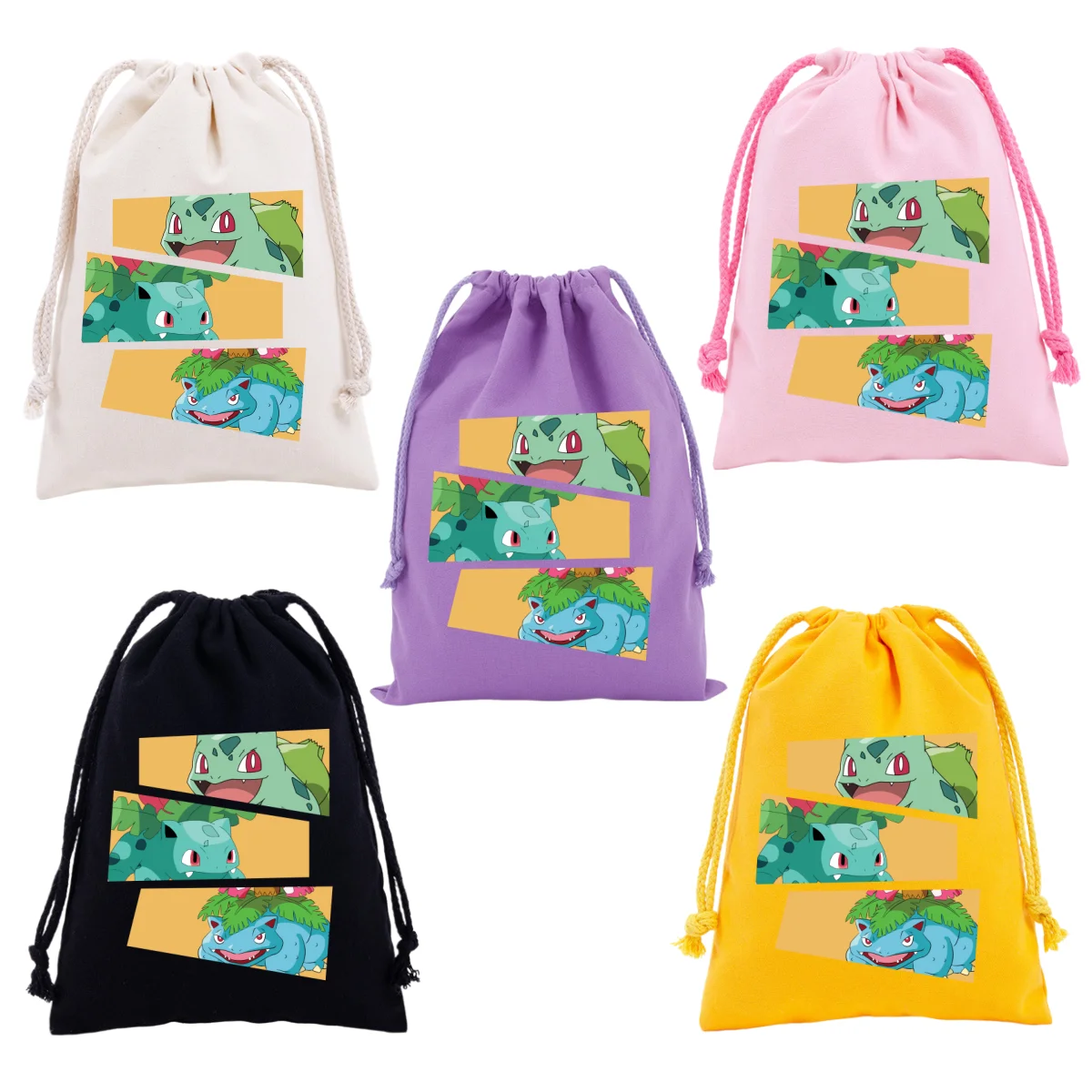 Anime Pokemons Drawstring Bags Cartoon Figures Pikachu Eevee Charizard Bulbasaur Print   Canvas Storage Bag Kids Party Gift Bag view 6