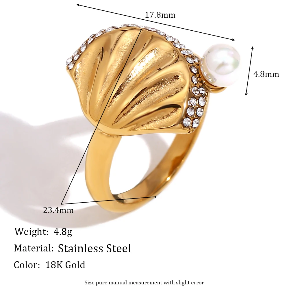 La.Muses 316L Stainless Steel Rings For Women Pectinid Pearl Diamond Edge Rings Fashion Daily Waterproof Jewelry And Accessories