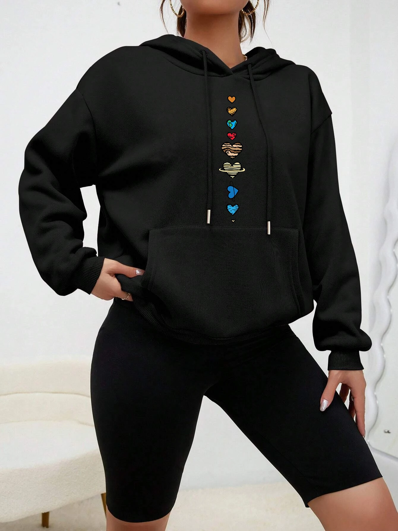 Lovely Coloured Planets Printing Sweatshirt Women Hip Hop Cartoons Hoodie   Mucticolor New Clothing Autumn Fleece Female Hoody