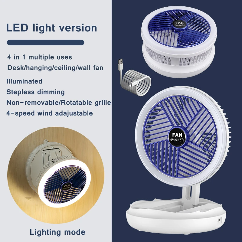 2-in-1 Foldable Table Fan Wall Mounted Hanging Ceiling Fan Light  With LED Light 4 Speed Adjustable For Home Room Air Cooler Fan