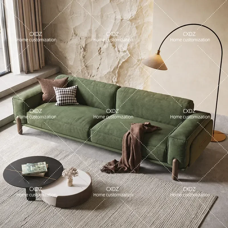 Retro Minimalist 3 Seater Sofa Solid Wood Frame Corduroy Fabric Straight Row Living Room Furniture Tofu Block Design for Home