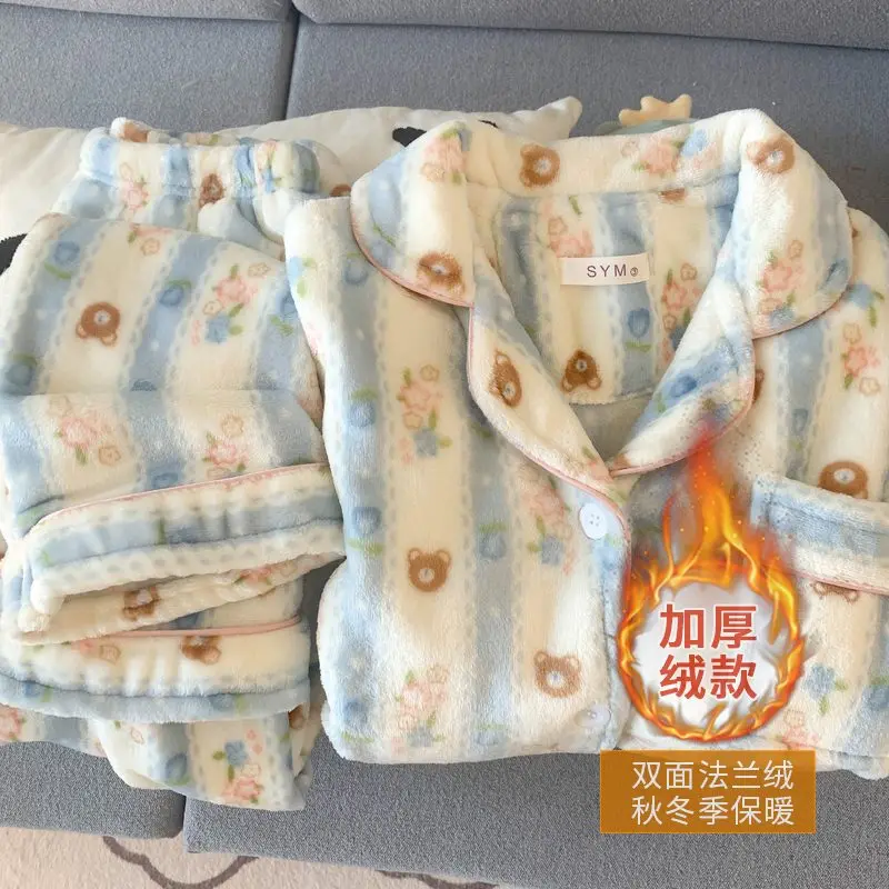 

Cartoon Sleepwear Kawaii Pj Set Autumn Winter Coral Fleece Keep Warm Cartoon Homewear Wearable As Outerwear Flannel Women Pajama