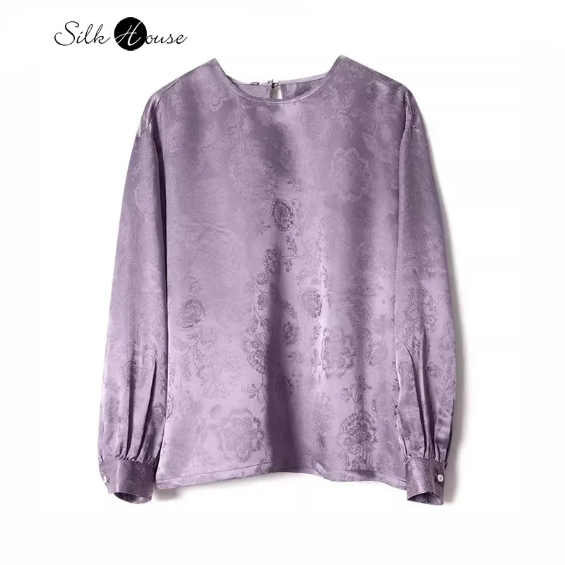 2024 Women's Fashion New Versatile Style 100% Natural Mulberry Silk Purple Comfortable Long Sleeve Round Neck Shirt