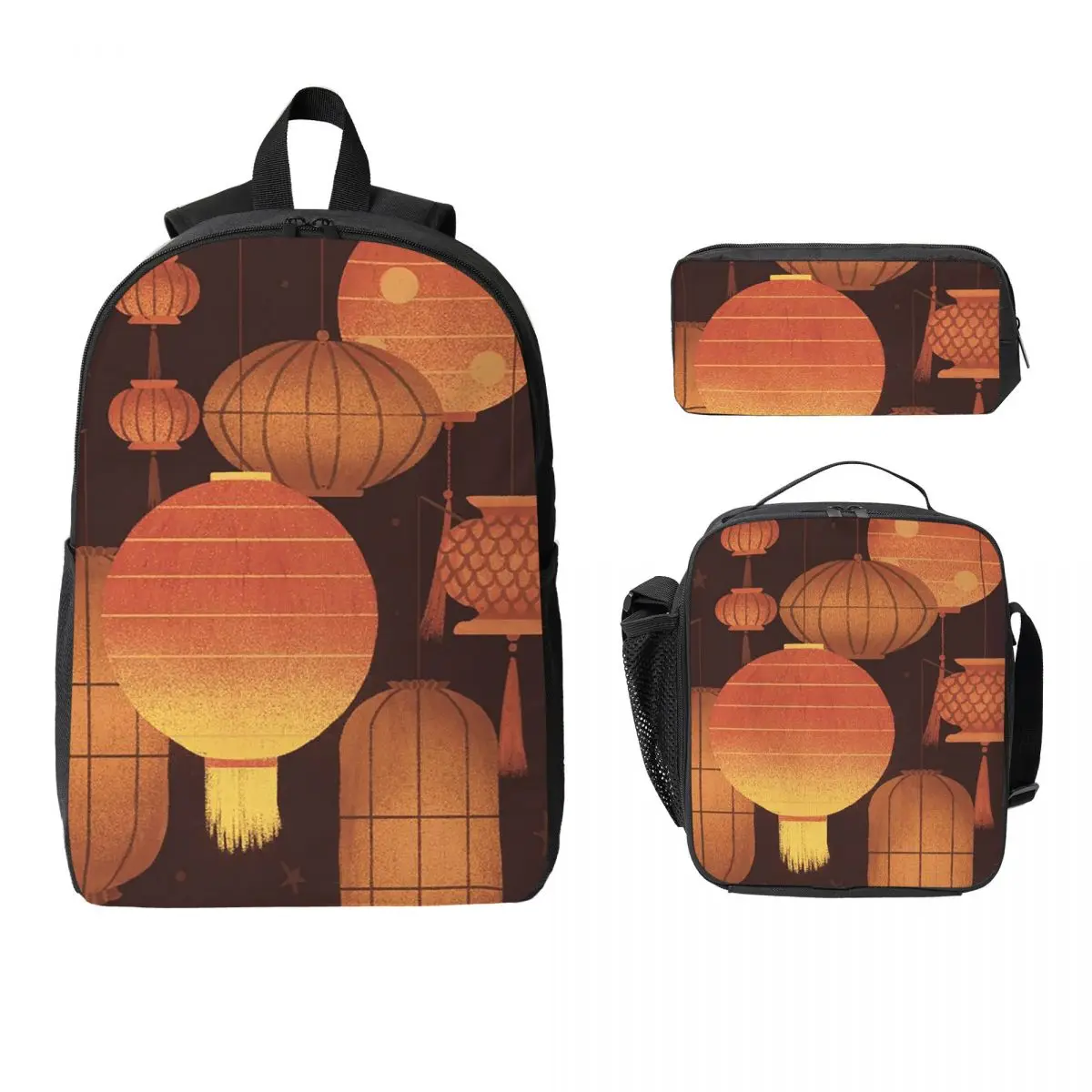 Traditional Chinese Lantern Pattern Backpack Student BookBag School Bag Laptop Shoulder Bags 3ps Insulated Lunch Bag Pencil Case