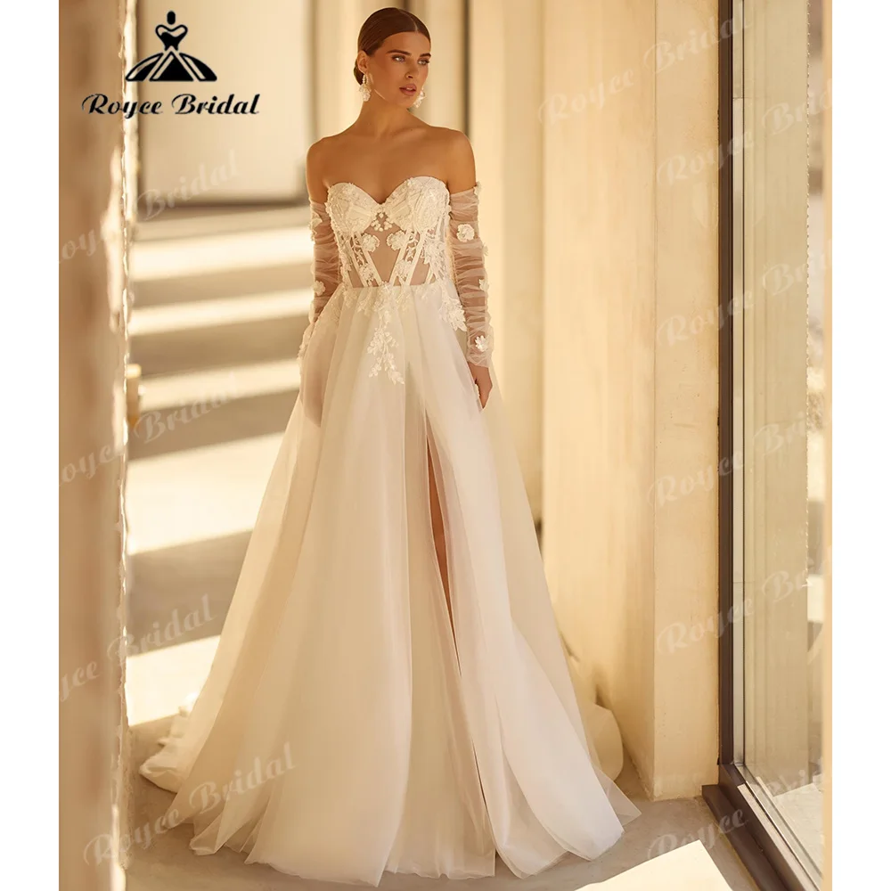 Sweetheart Strapless Wedding Dress Detachable 3D Floral Long Sleeves Corset Bodice A‑Line High Slit Vestido De Novia Customized