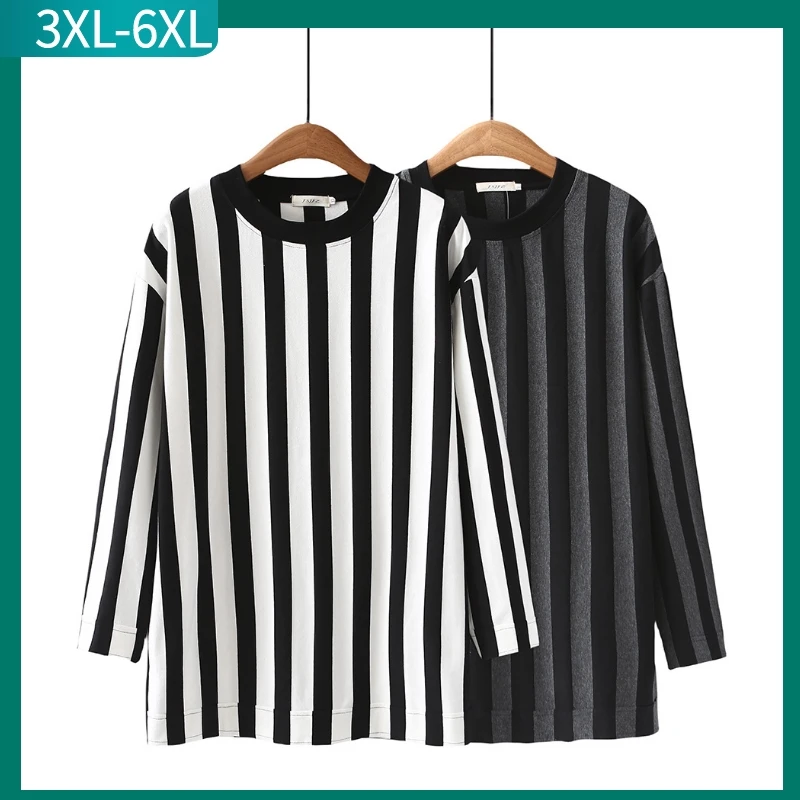 New 2025 Ladies Spring Autumn Plus Size T-shirt Elastic For Women Large Size Long Sleeve O-neck Streak Tops 3XL 4XL 5XL 6XL