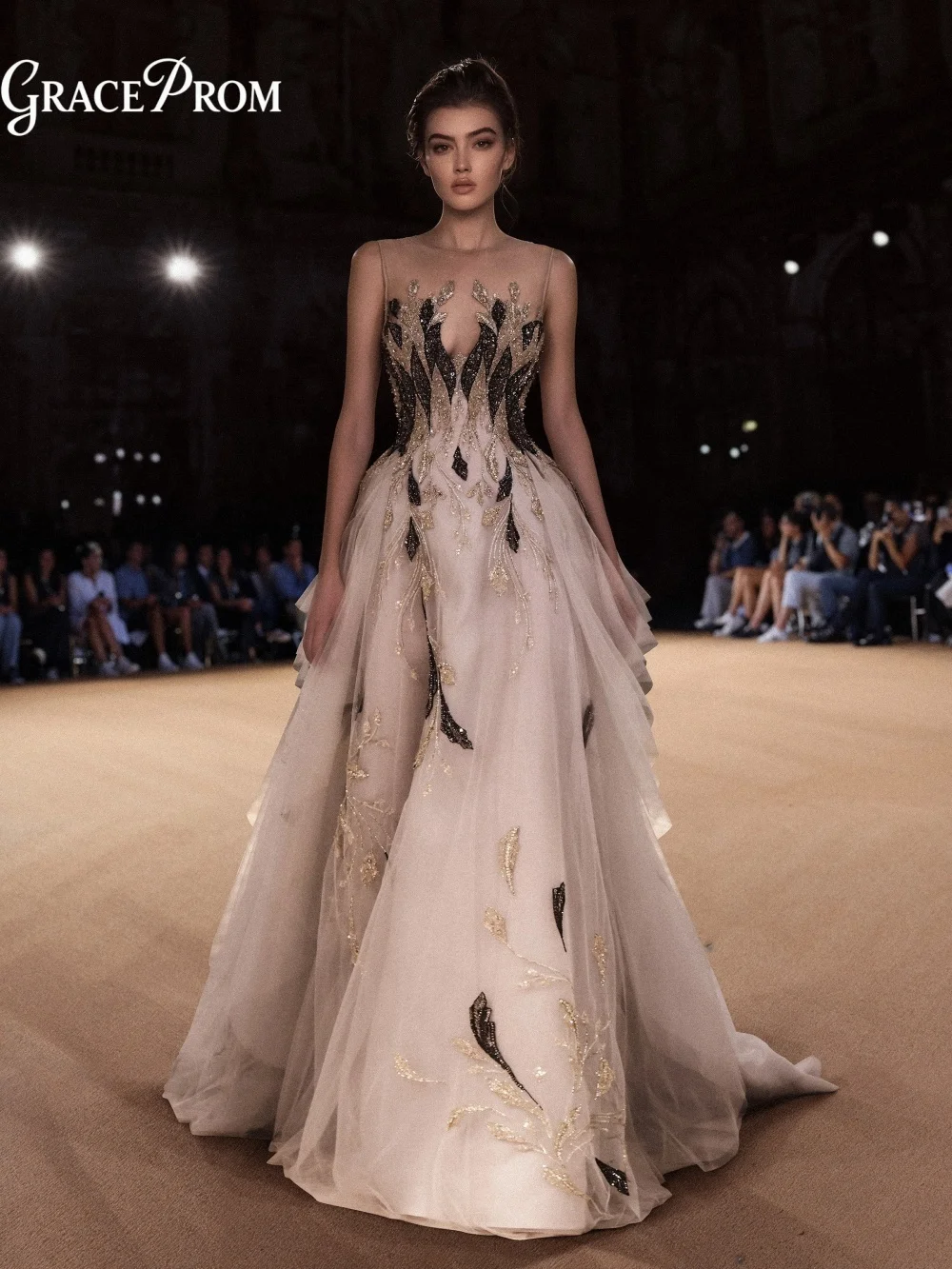 Couture Illusion Thin Strap Gold Black Beaded Tulle A Line Evening Gown Formal Prom Dress Wedding Guest Party Gown فساتين سهرة