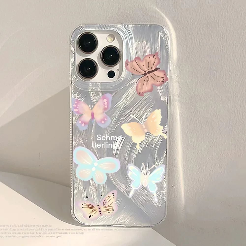 Luxury Camlet Pattern Laser Phone Case For iPhone 11 14 13 12 11 15 Pro Max Plus Aesthetics Butterfly Shockproof Bumper Cover