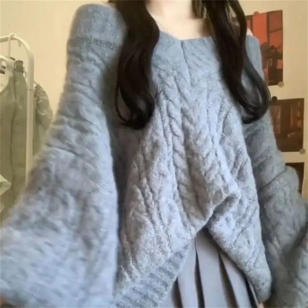 

Модный осенне-зимний винтажный вязаный свитер, женский корейский свободный повседневный свитер с вырезом на шее, теплый универсальный толстый пуловер, топы