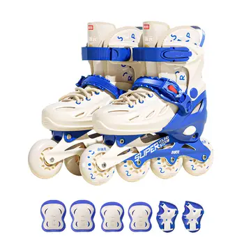 Kids Inline Skate Shoes Teenagers Boys Girls Outdoor Skating Sneakers 4 Wheels Flashing Roller Skates Set With Elbow Knee Pads