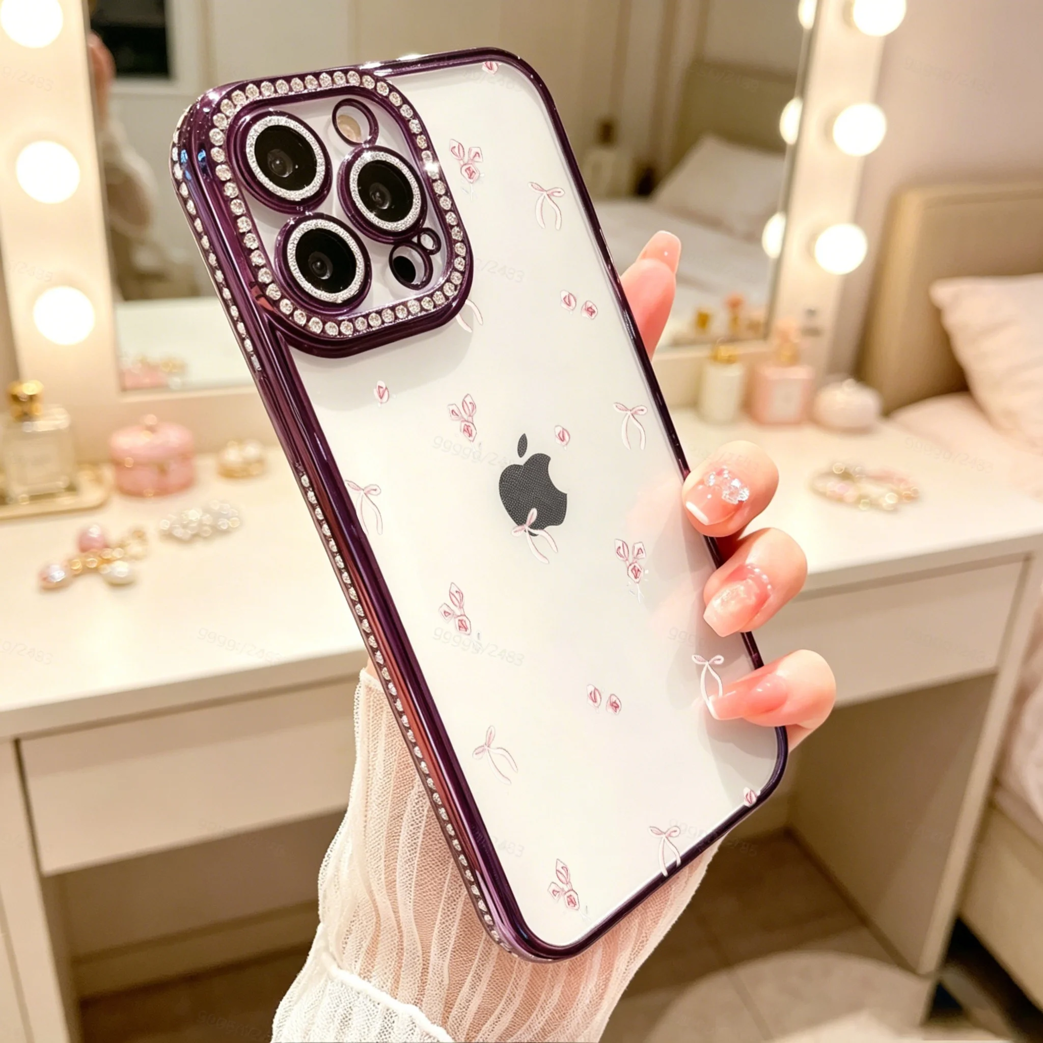 Diamond Electroplated TPU Phone Case for iPhone,  Luxury Glitter Phone Case, Purple Rhinestone Camera Frame With Pink Floral Pattern  , Luxury Glitter Rhinestone Frame, Built-in Lens Protector, Anti-Slip Shockproof Clear Cover - view 3